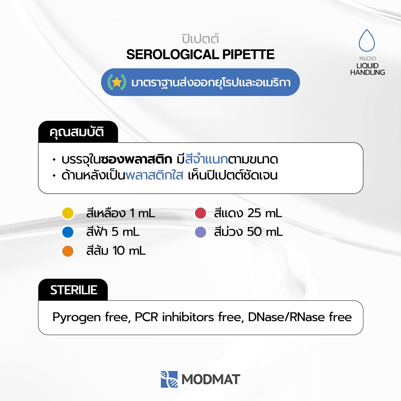 MODMAT serological pipettes: plastic packs, colour-coded by volume